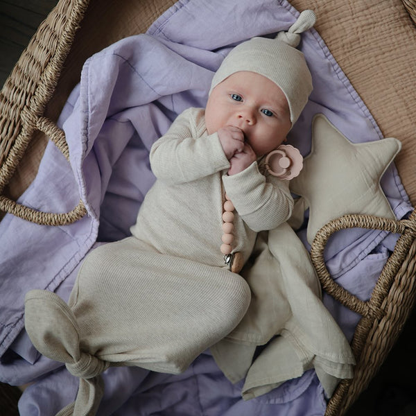 Mushie - Ribbed Knotted Baby Gown - Beige Melange